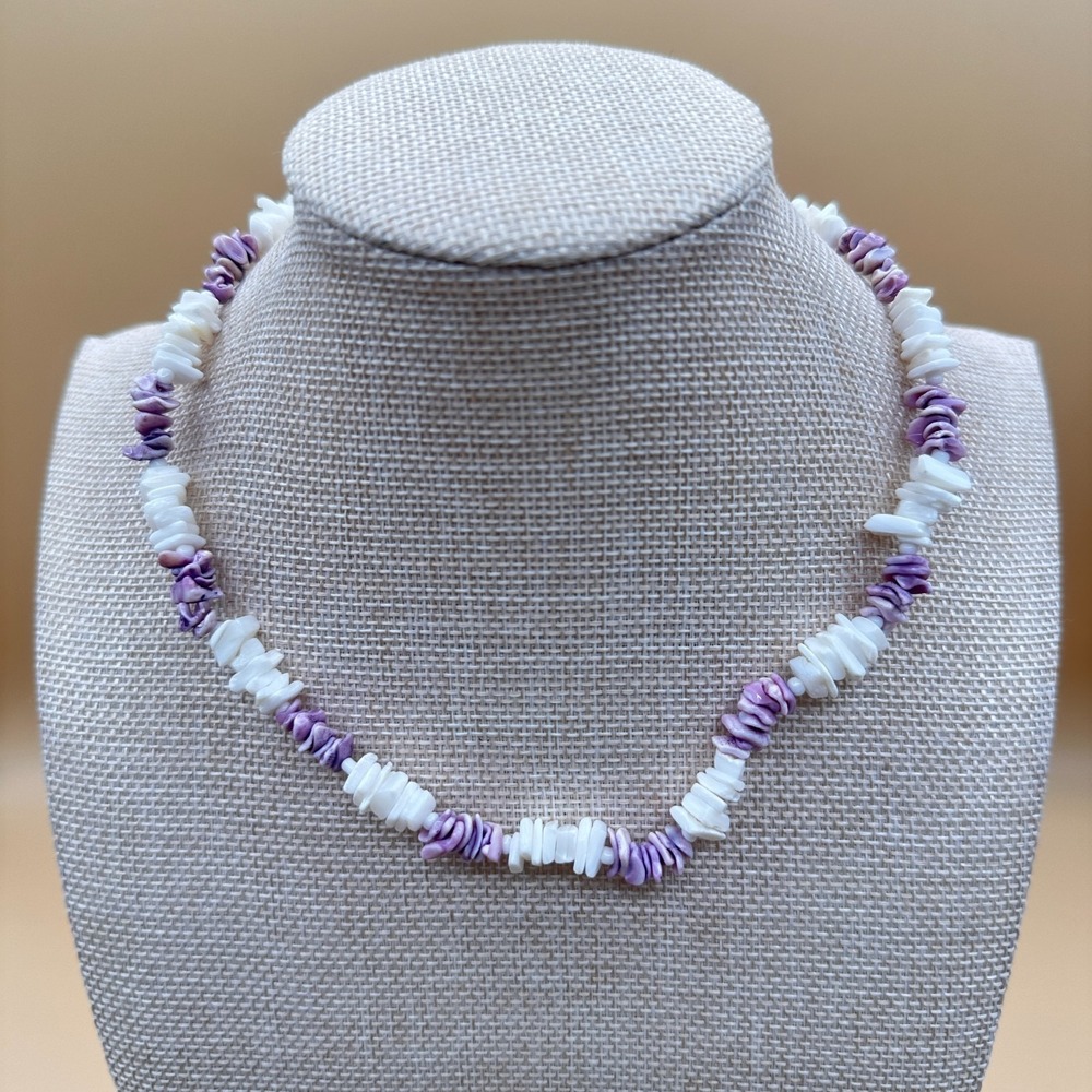 Purple White Shell Chip Necklace Vintage Boho Coastal Beach Statement Jewelry
